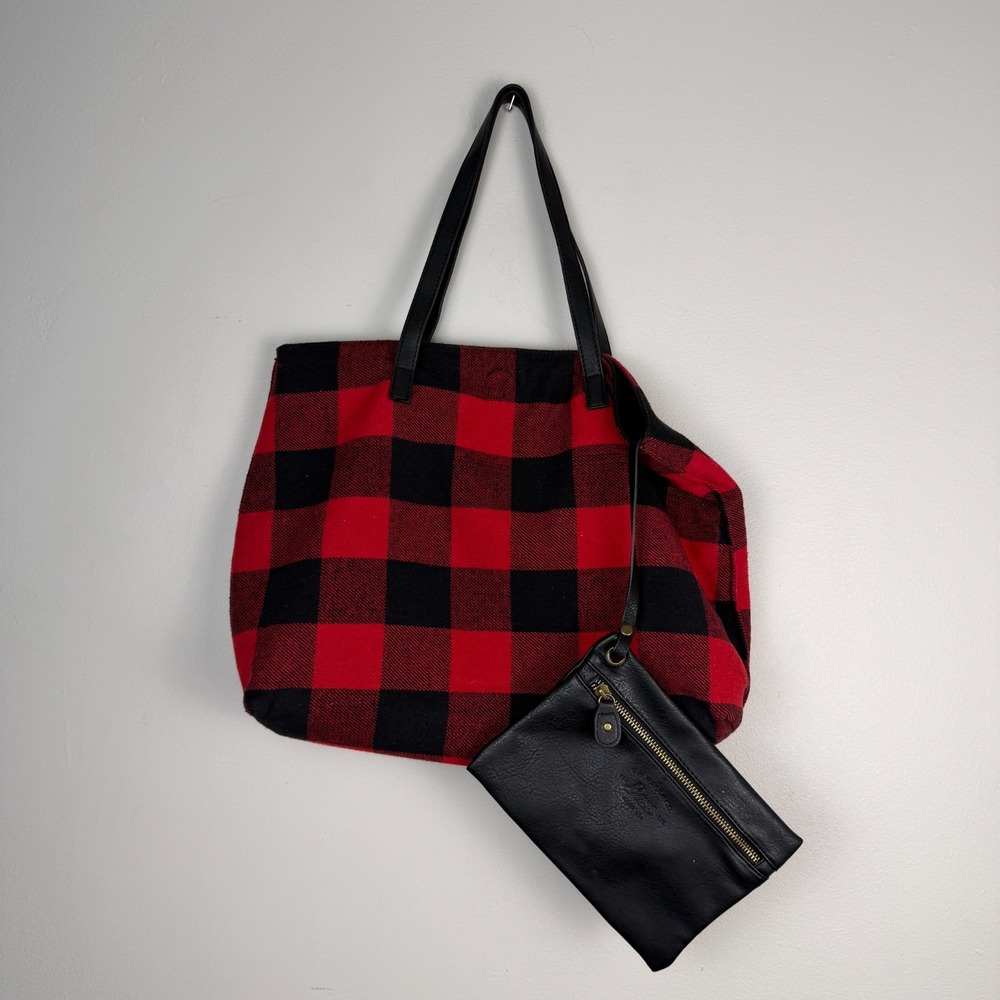 G.H. Bass Tote Bag Women's Red Buffalo Plaid Flannel Attached Leather Pouch
